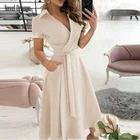 Женское длинное вечернее платье, однотонное летнее платье с V-образным вырезом и коротким рукавом, с поясом, элегантное