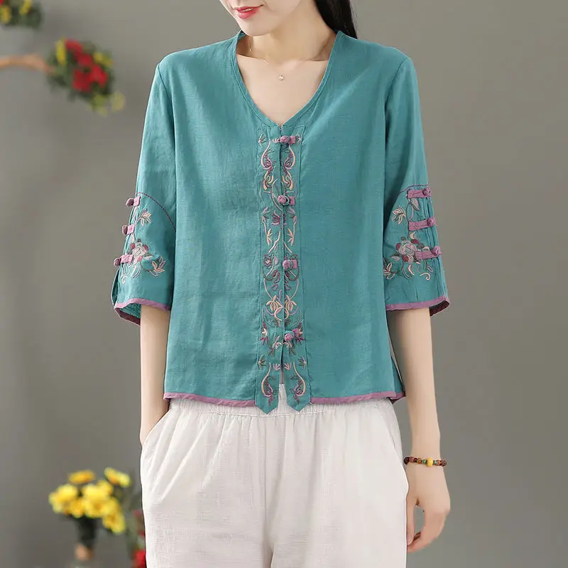 

Модные хлопковые бельевые женские блузки 2022, винтажная рубашка на пуговицах, туника с коротким рукавом, цветочный принт, блузка для женщин р...