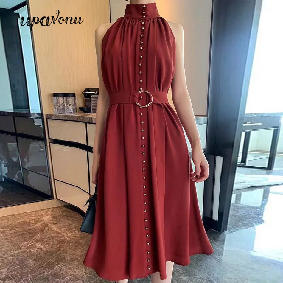 

Women's Fashion Summer Classic Dress Sleeveless Belt Button Decoration Midi Dress Casual Celebrity Party Dress Vestidos