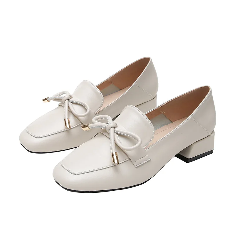 

Fashion Single Shoes Autumn British Style New One-Step Leather Shoes Thick Heel Loafers Mid-Heel Large Size Women's Shoes