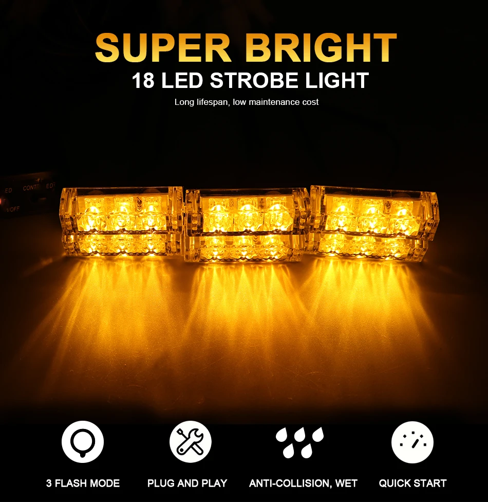 1 Set 18 LED Strobe Dash Emergency Flashing Warning Lights Yellow Amber Roof Light For 12V Car Truck SUV Vans Caution Lamp hlxg |