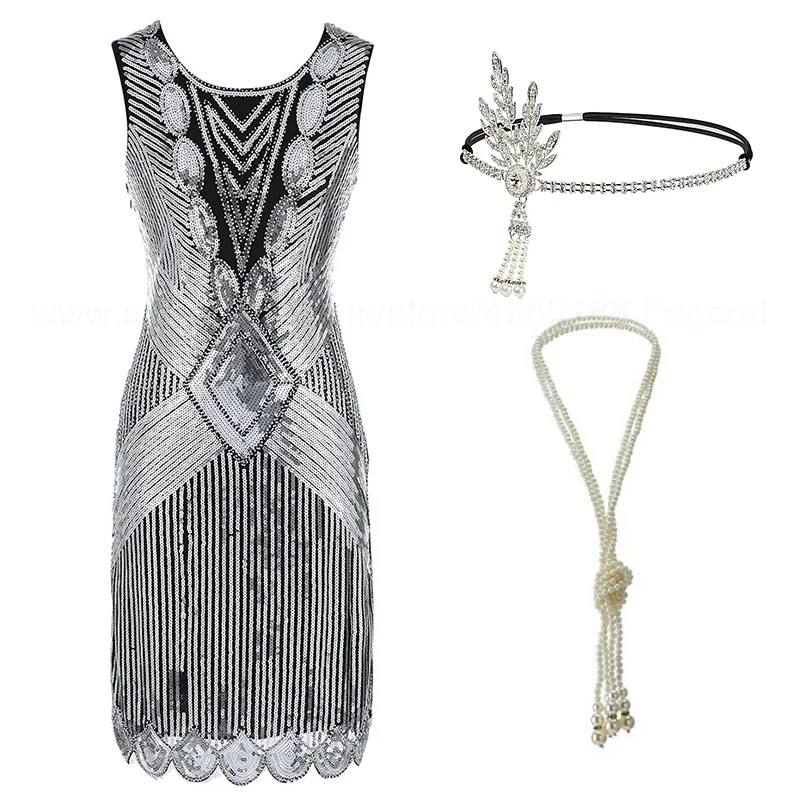 silver set 1920s Хлопушки Ревущие 20s большой Гэтсби костюм бахромой блесток бисером платье и украшенные арт-деко платье аксессуары XXXL - Цвет: silver set