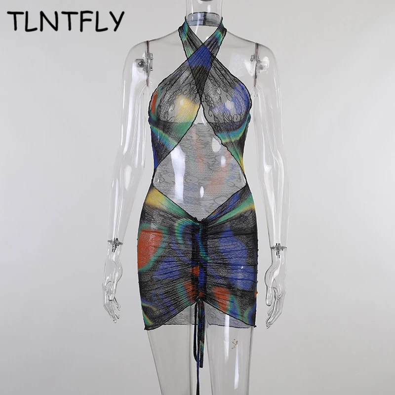

Summer Light Dresses Lace Sexy Print Color Perspective Halter Miniskirt Woman 2021 Hollow Cross Revealing Breast And Navel Dress