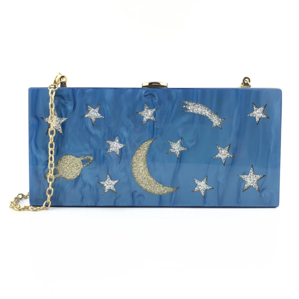 Новое дизайнерское синее платье с жемчугом и рисунком Луна Звезды пейзаж Акрил