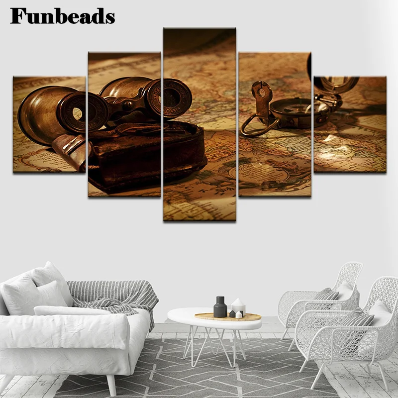 

Пять предметов старинной деревянной телескоп и географическими картами вышивка с квадратная алмазная живопись посылка 5D мозаика, художест...