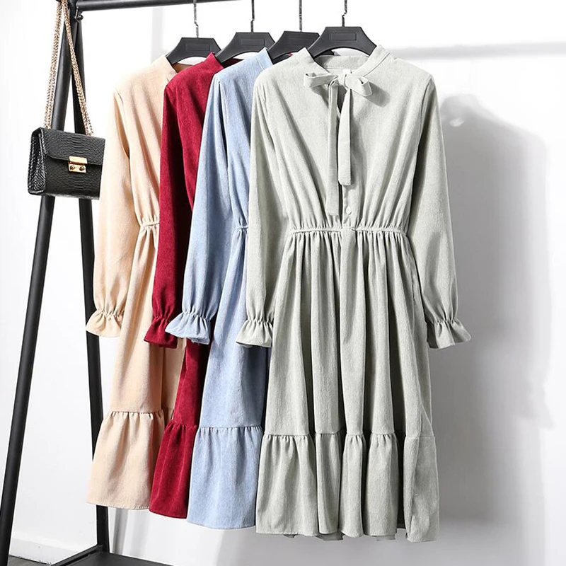 2019 Autumn Vintage Corduroy Dress Women Elastic Waist Solid color Plus Size Dresses Elegant Party Long Sleeve Vestidos | Женская одежда