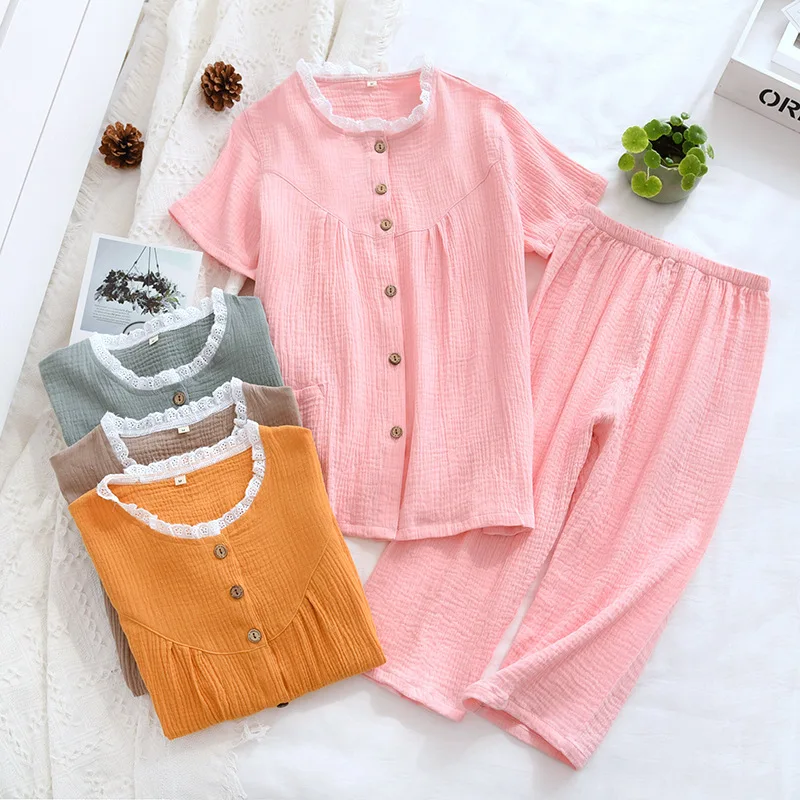 

Тканые тертые хлопковые куртки из креповой ткани с коротким рукавом Подрезанные штаны, пижама, костюм для сна для женская летняя обувь на то...