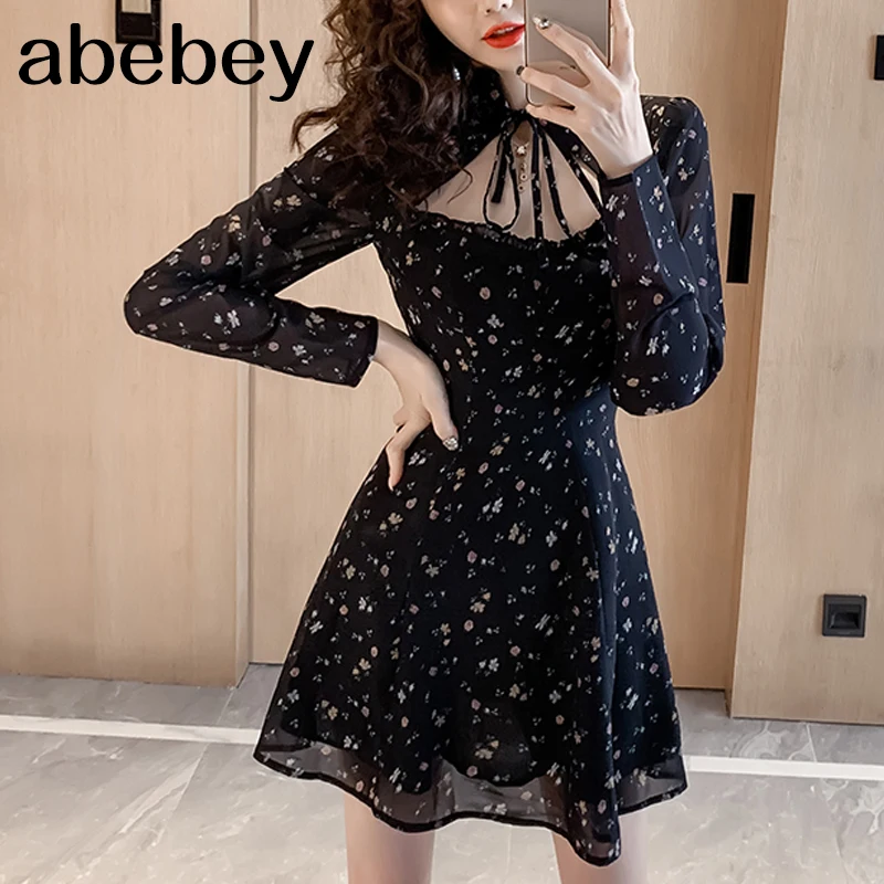 Женское шифоновое платье с длинным рукавом Черное вечернее лямкой на шее и