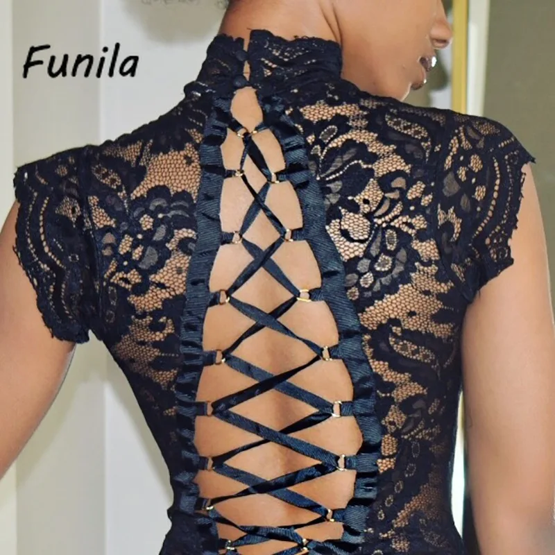 

Sexy High Neck Bodysuit Lace Women See Through Back Bandage Exotic Body Suits White Black Lingerie Embroidery Chiffon Jumpsuit