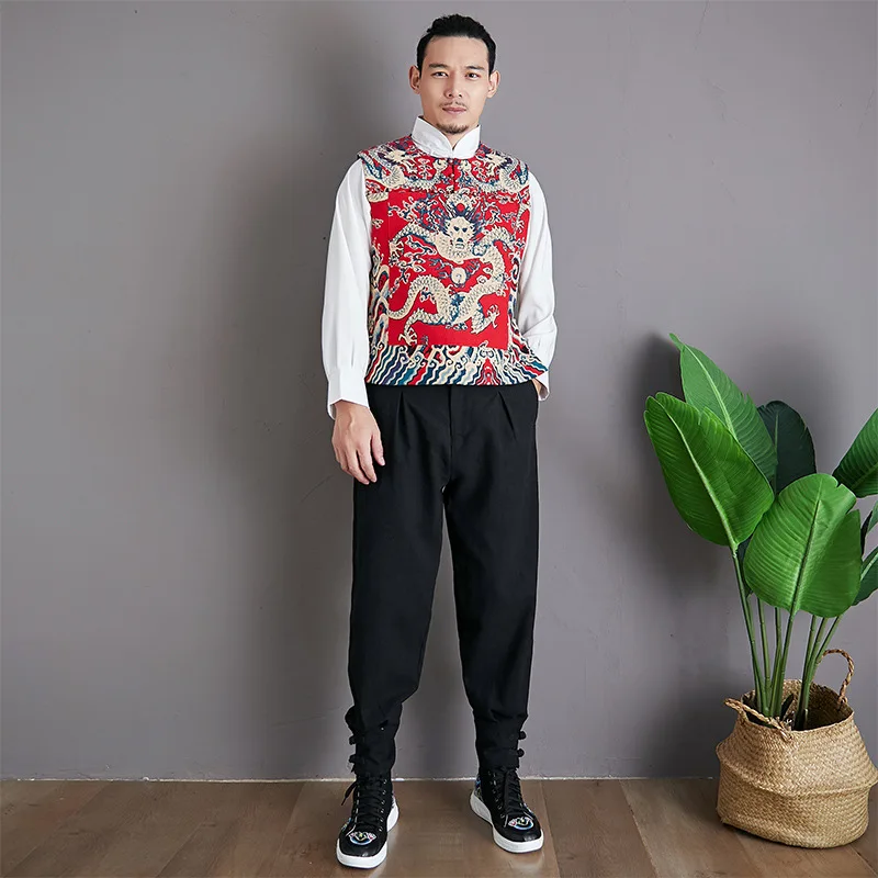 

Silver Buttons Dragon Cotton Men's Vest Slim Vintage Ikon Pure Silver Button embellishment Vest Style Dragon Robes Worn by