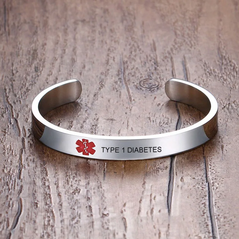 Type 1 Diabetes Medical alert Bracelet for Men Women ID Cuff Bangle Stainless Steel Personalized Free Engrave