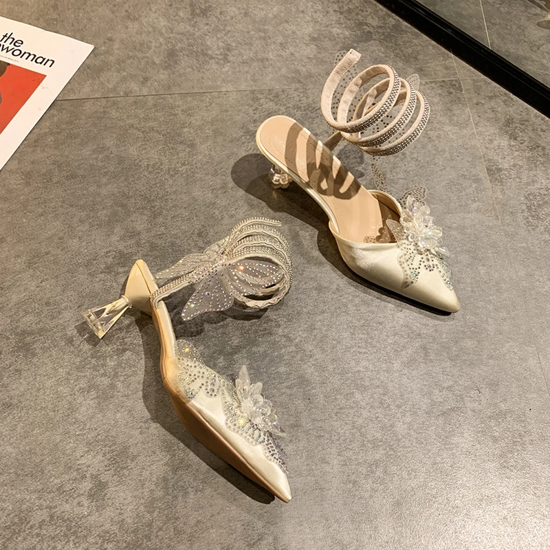 

ELLALEE Women Shoes Sandals 2021 Summer Heels Bling Butterfly-Knot Slip-On Female Sandal Elegant Designer Luxury Woman Shoe