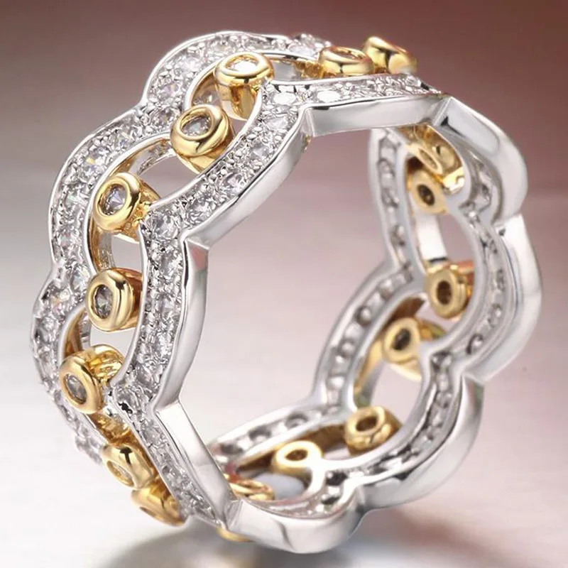 

Milangirl Trendy Two-tone Hollow Geometric Mirco Paved Crystal Rhinestone Zircon Ring for Women Wedding Engagement Jewelry
