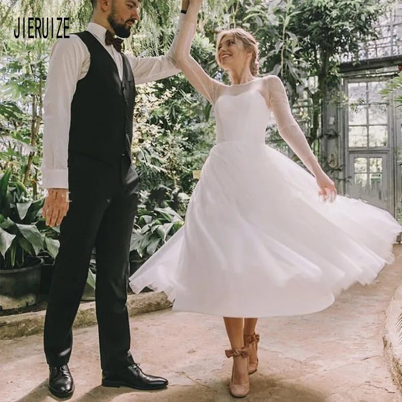 JIERUIZE простое свадебное платье с иллюзией длинными рукавами длина ниже колена