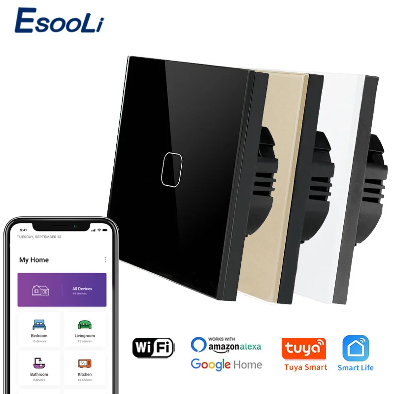 EsooLi Tuya Smart Life Стекло Панель EU/UK Стандартный сенсорный переключатель нулевой/один