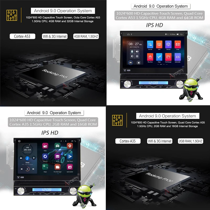 4G+64G Octa core Android 9.0 Univeral One din Car radio Multimedia Player GPS Navigation 7" IPS HD Retractable Autoradio AUX-IN