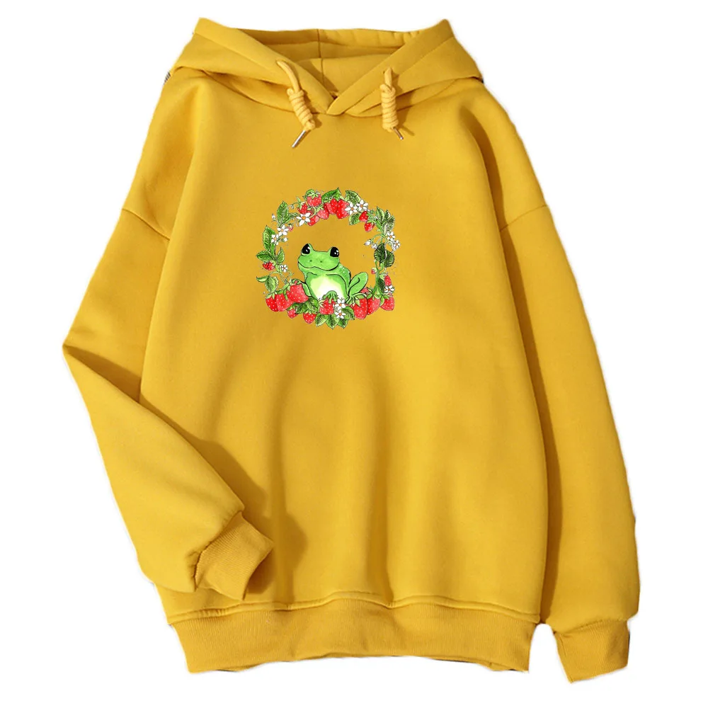 Sweetshirt Vintage Long Sleeve Sweatshirt Autumn Oversized Drawstring Hoodies Unisex Retro Graphic Strawberry Frog Print Hoodies