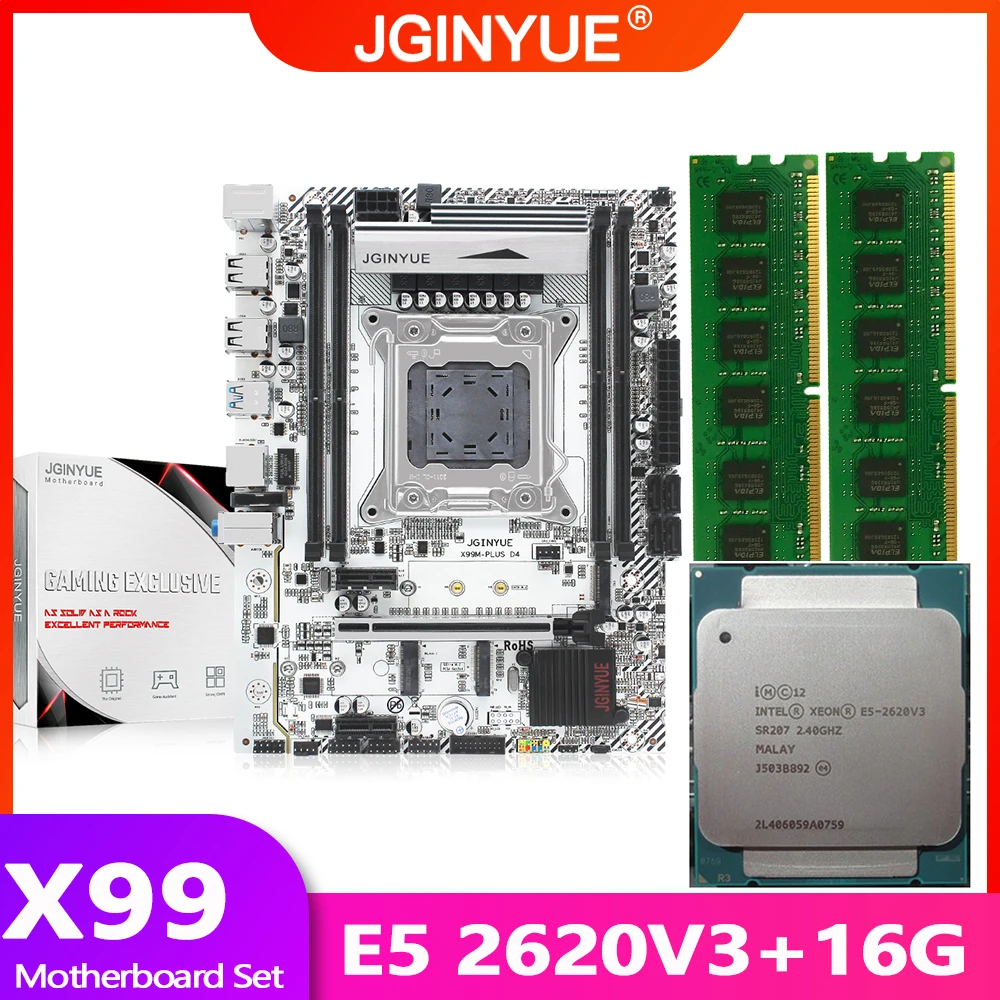 Verkauf JGINYUE X99 Motherboard LGA 2011-3 Set Kit Mit Xeon E5 2620 V3 Prozessor Und DDR4 16GB(2*8GB) REG ECC Speicher X99M PLUS D4