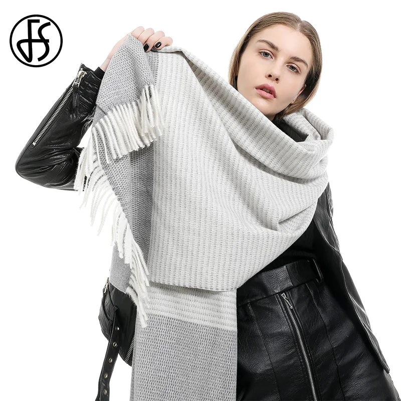 Женский мягкий кашемировый шарф FS повседневный толстый длинный с кисточками