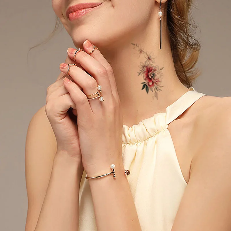 

Pink Peony Rose Flowers Leaves Waterproof Temporary Tattoo Sticker Black Tatto Body Art Arm Chest Neck Leg Girl Women Fake Tatoo