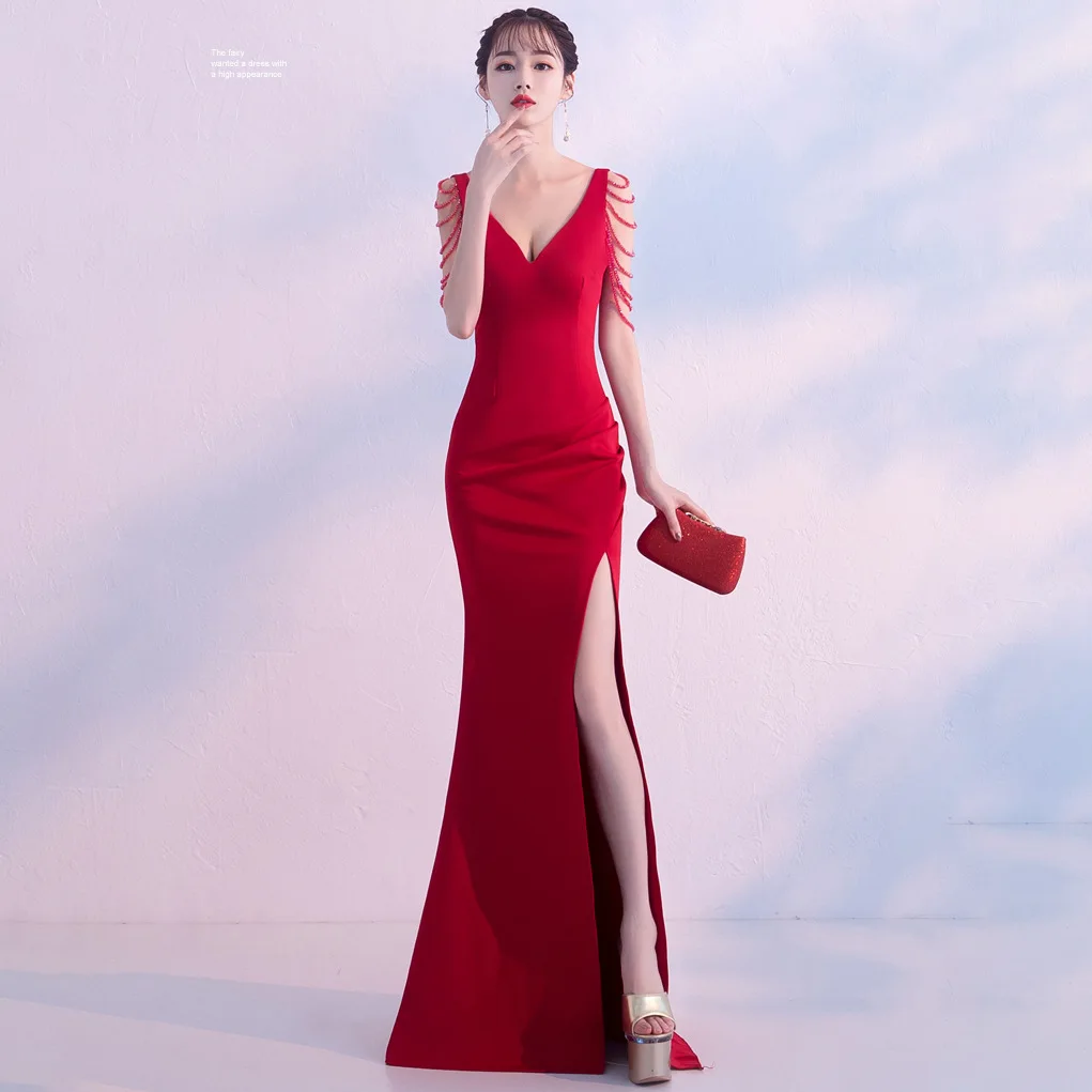 

Sexy Long Mermaid Backless Red Wedding Party Dress Sleeveless Bead High Slit Simple Floor Length Prom Evening Homecoming Dress
