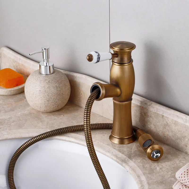 Torneiras Banheiro Pull Out Antique Basin Faucet Bathroom Sink Mixer Brass Tap Hot Cold Water Stream Deck Mounted Rose Gold Taps |
