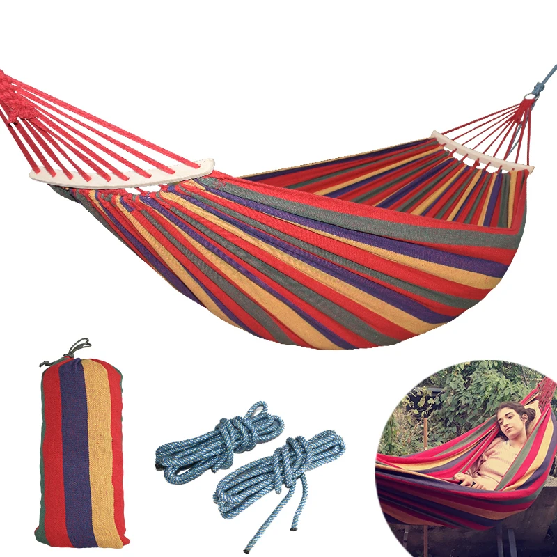 

250*150cm 2 People Outdoor Canvas Camping Hammock Bend Wood Stick steady Hamak Garden Swing Hanging Chair Hangmat Blue Red