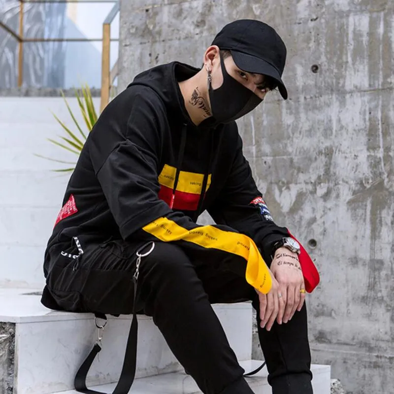 

Autumn winter men ribbons patchwork hip hop punk hoodies streetwear men black oversized hoody tracksuit japanese hoodie