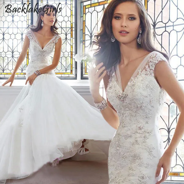 Свадебное платье русалки сексуальное глубокий v-образный вырез без рукавов