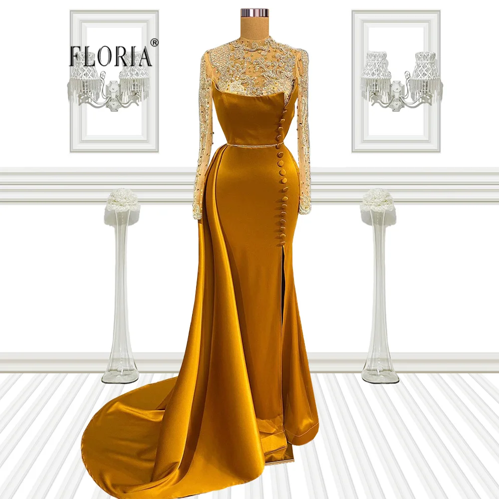 

Gold Evening Dresses 2022 Yellow Embroidered Beaded Lace Full Sleeves Prom Party Gowns Vestidos De NocheBirthday Party Wear