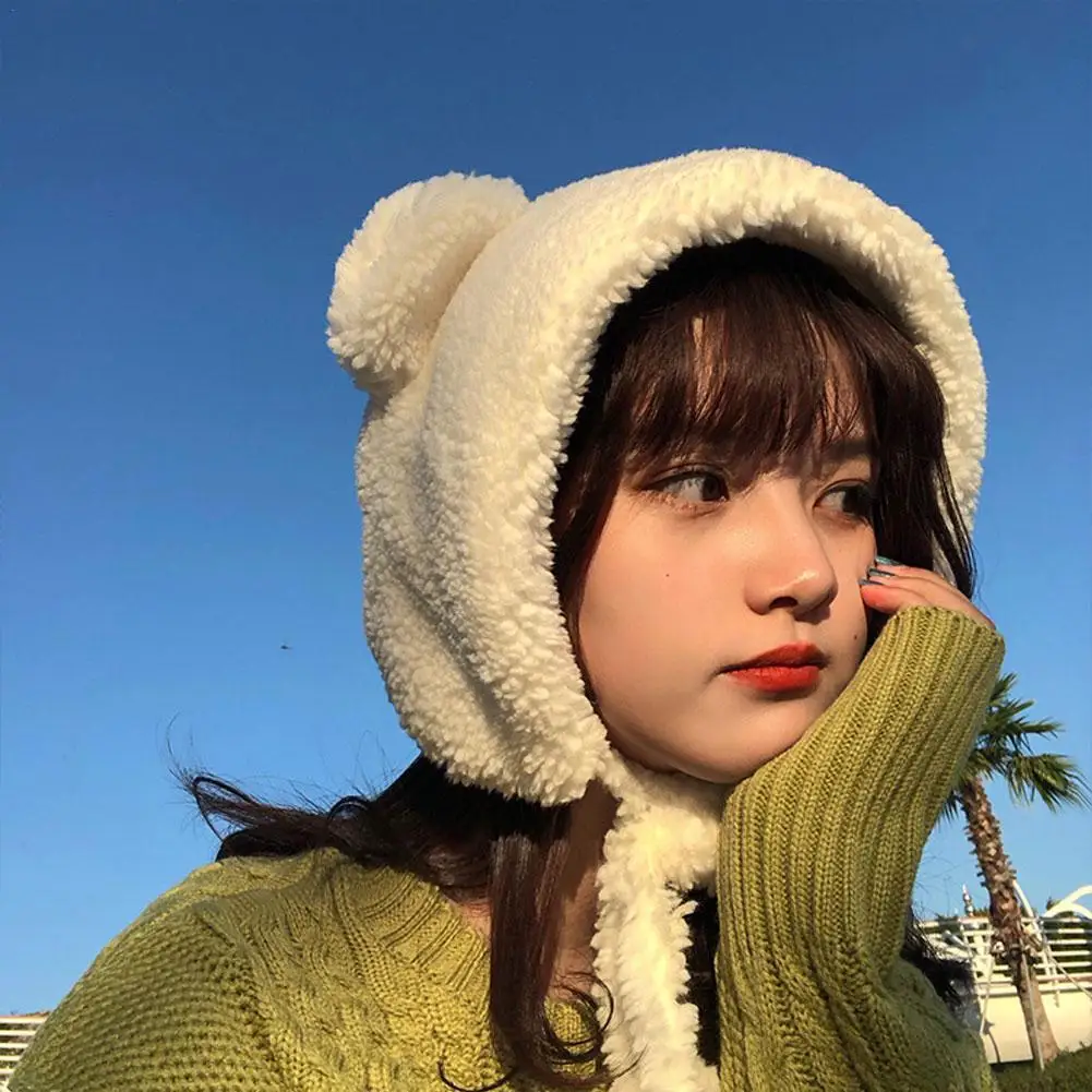 

Winter Cute Bear Ears Warm Women Hats Outdoor Windproof Color Beanies Caps Wool Leifeng Female Ear Care Hats