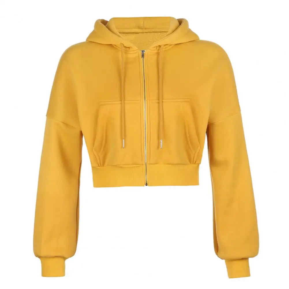 Women Long Sleeve Solid Color Pocket Crop Top Plush Warm Zipper Coat Hoodie