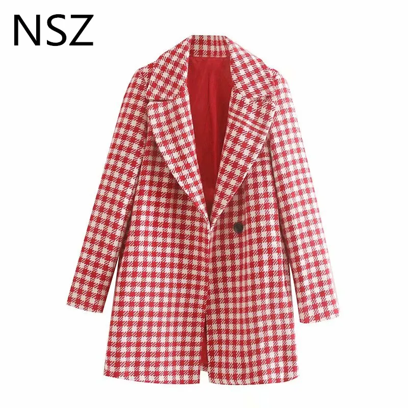 NSZ женский красный твидовый в клетку пальто с длинным рукавом клетчатое