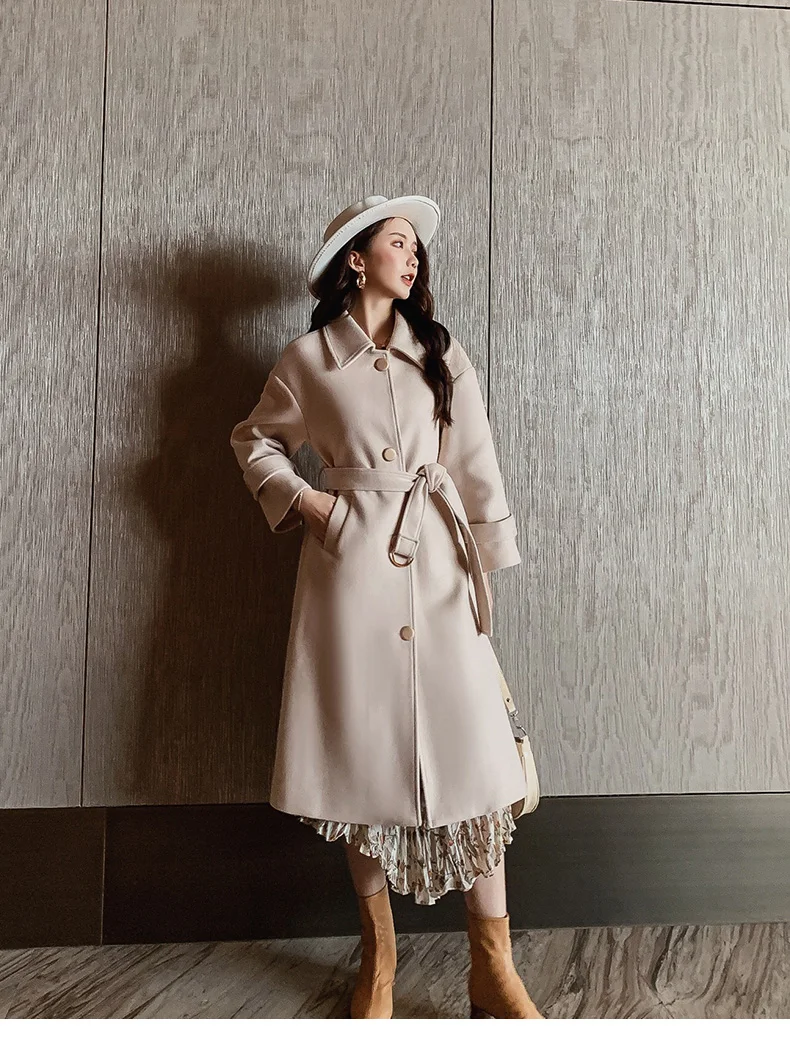 

Autumn Winter New Women's Casual Wool Blend Trench Coat Long With Belt