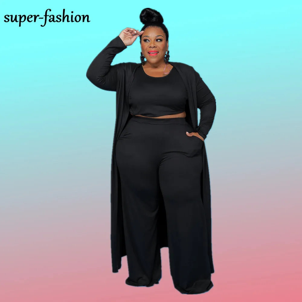 

L-4XL Plus Size Sets Women Clothing Casual Sexy Solid Color Long Sleeve Pants Suits Three piece Outfits Wholesale Dropshipping