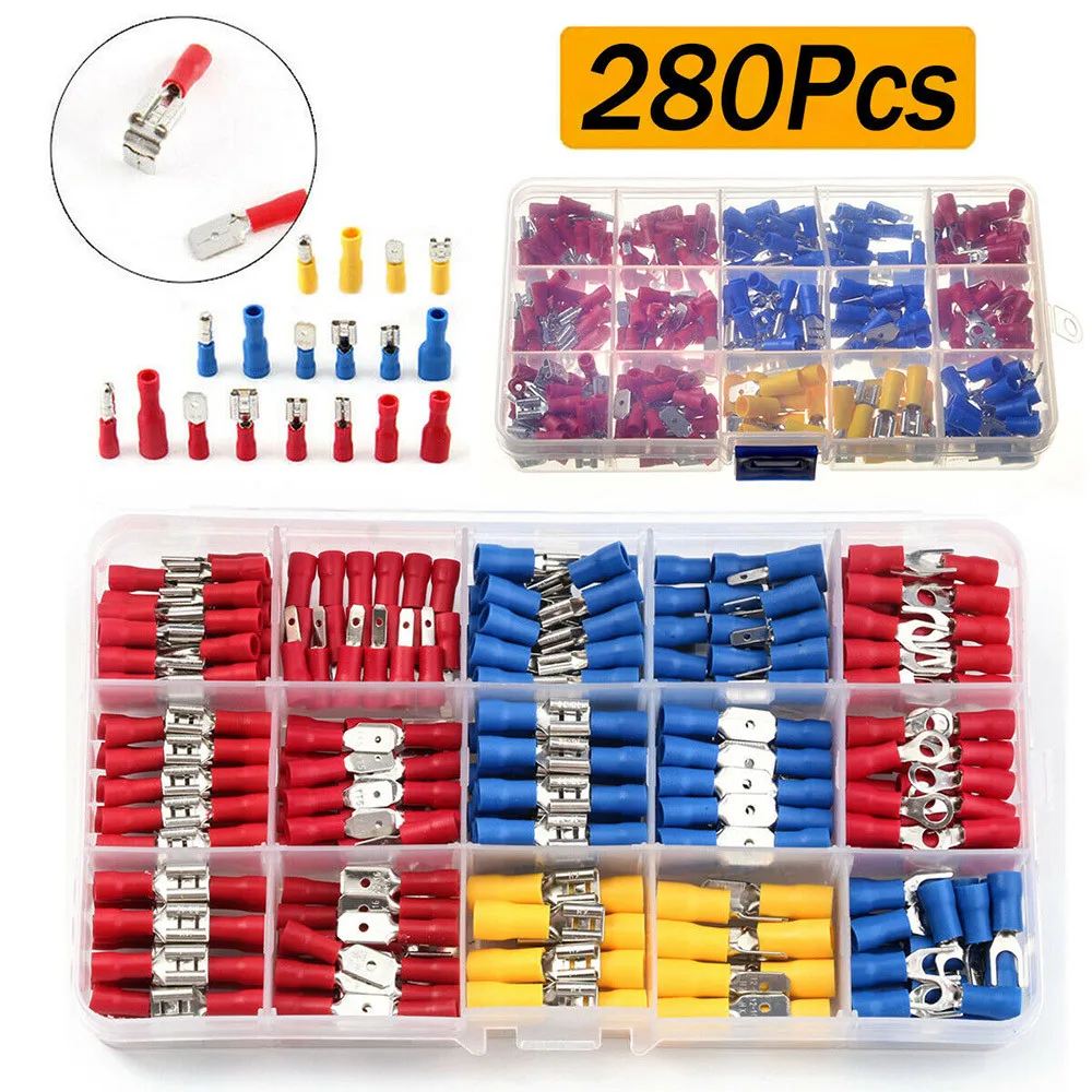 

280Pcs Assorted Insulated Electrical Wire Crimp Connectors Spade Terminals Butt Ring Fork Lugs Terminal Mix Kit