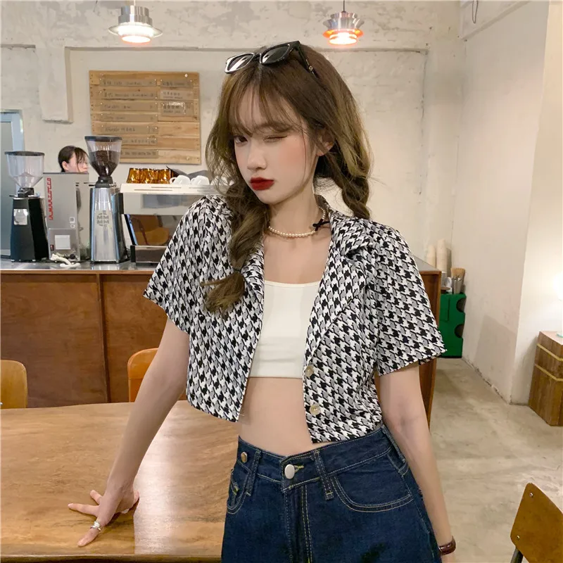 

t2021 summer Women short Sleeve Houndstooth Notched Office Elegant Women Coat