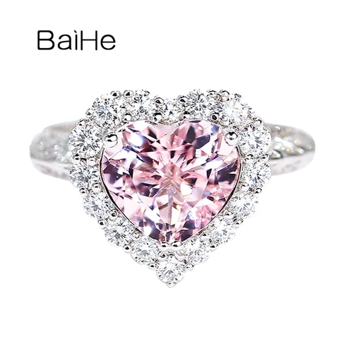 BAIHE Solid 14K белое золото натуральный розовый морганит бриллиантовое кольцо-сердце женские свадебные изысканные украшения טillo illo Anillo Heart