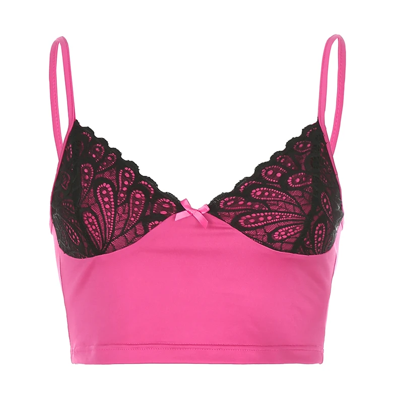 

Vintage Backless Deep V Neck Summer Y2K Vest Patchwork Lace Edge Spaghetti Strap Sexy Camis Pink Crop Top Women