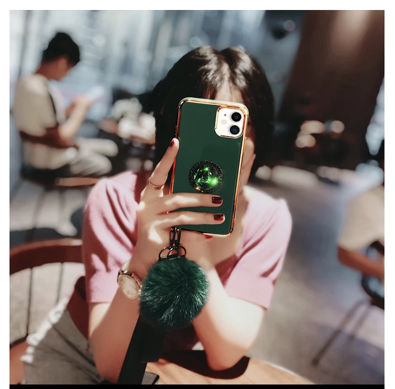Красивый меховой шар чехол для телефона iPhone X XS 11 Pro Max XR 6 6S 7 8 Plus Алмазный с кольцом
