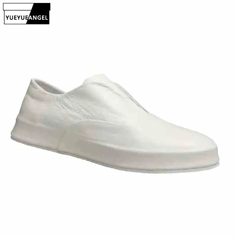 

Кроссовки мужские из воловьей кожи, повседневная обувь без шнуровки, круглый носок, дышащие, мягкая подошва, однотонные белые лоферы, весна-...