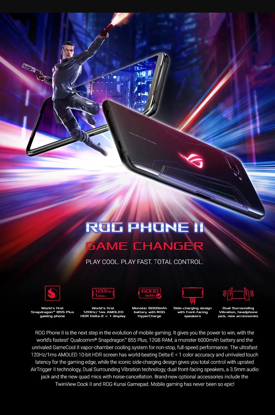 Телефон ROG 2, мобильный телефон Asus ROG Phone II ZS660KL, 12 Гб, 512 ГБ, Snapdragon855+ 6,59 дюймов, 1080x2340 P, 6000 мАч, 48MP, NFC, Android 9,0