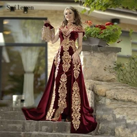 smileven moroccan caftan evening dress gold appliques lace outfit detachable train mermaid velvet arabic prom gowns party dress
