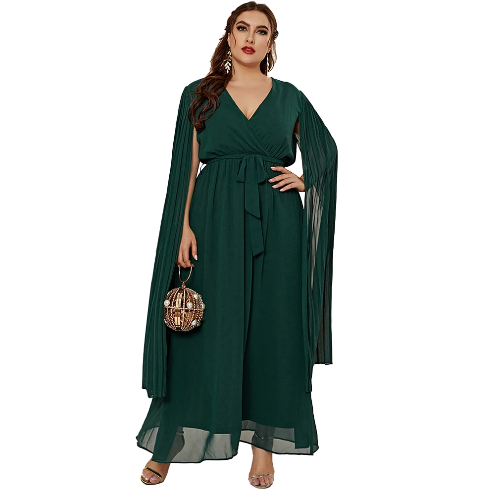 

Fridayin Summer Fashion Solid Color Bow Evening Dress for Women Plus Size Dark Green Short Sleeves Party Vestidos