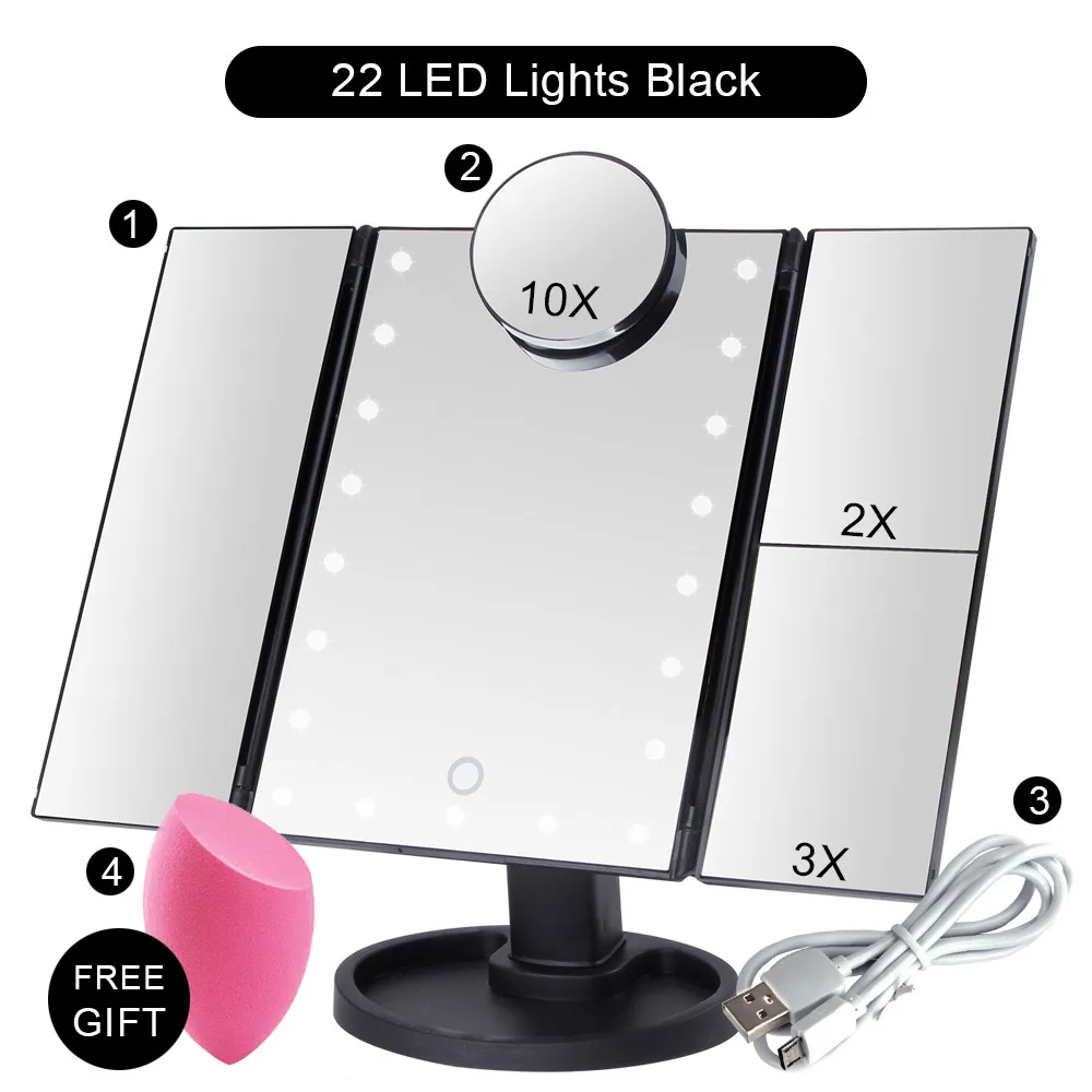 BK 22 Light Set D Зеркало для макияжа 22 светодиодный светильник косметическое туалетное зеркало с сенсорным экраном гибкое увеличительное 1X/2X/3X/10X USB или батарея - Цвет: BK 22 Light Set D