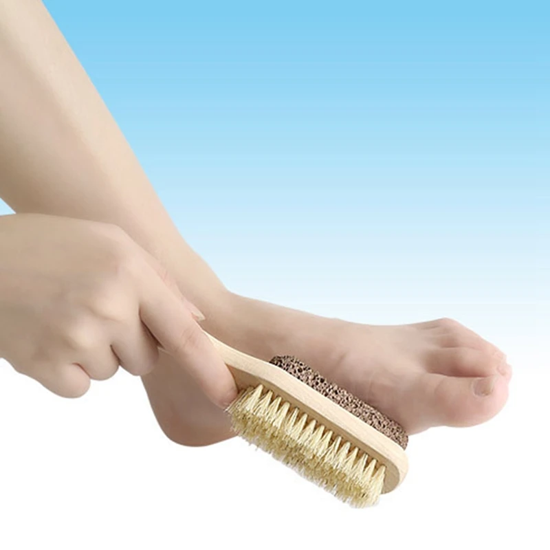 

Wood Handle Pumice Stone Foot Brush Scrubber Feet Exfoliating Dead Skin Remover Natural Bristle Massage Brush