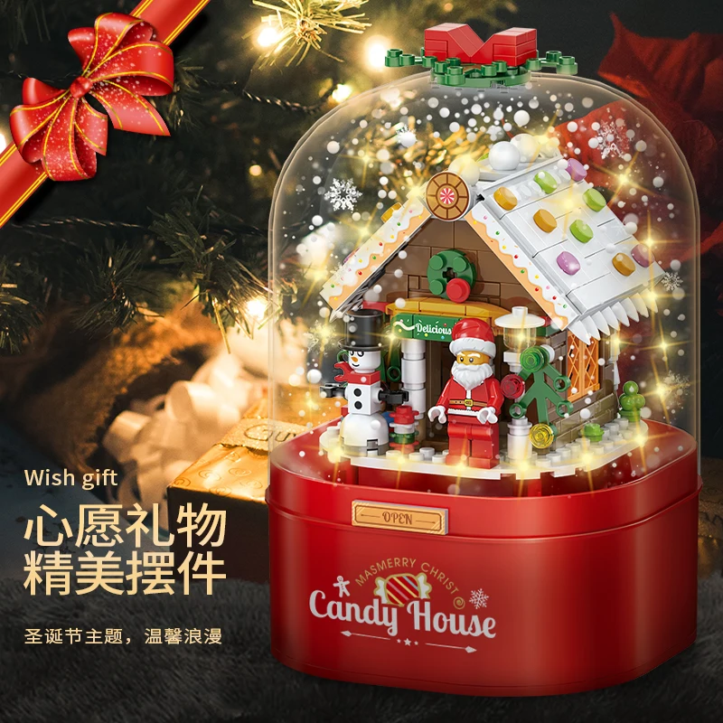 

Christmas Theme Series Happy Music Box Santa House Claus Gingerbread Tree DIY Model Building Block Brick Children's Toy Gifts