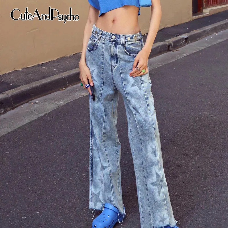 

Джинсы Y2K с принтом звезд, винтажные прямые спортивные брюки из денима в стиле Харадзюку, повседневные Ретро штаны с завышенной талией в сти...