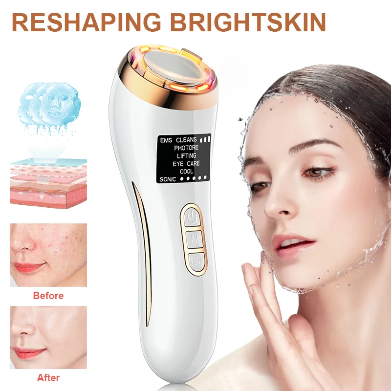 

7in1Face Beauty EMS Mesotherapy Electroporation RF Radio Frequency LED Photon Skin Tightening Rejuvenation Facial Massager Lift