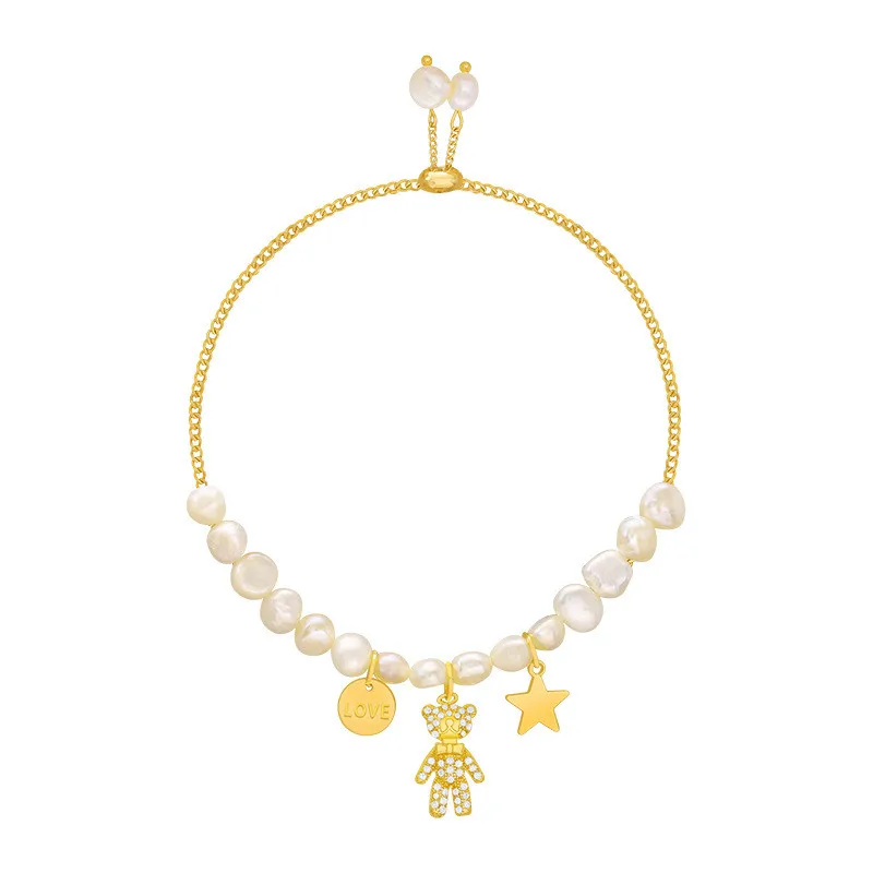 

Korean Fashion Baroque Bear Pendant Pearl Bracelet for Women Crystal Stainless Steel Bracelet Luxury Retro Jewelry Accessories